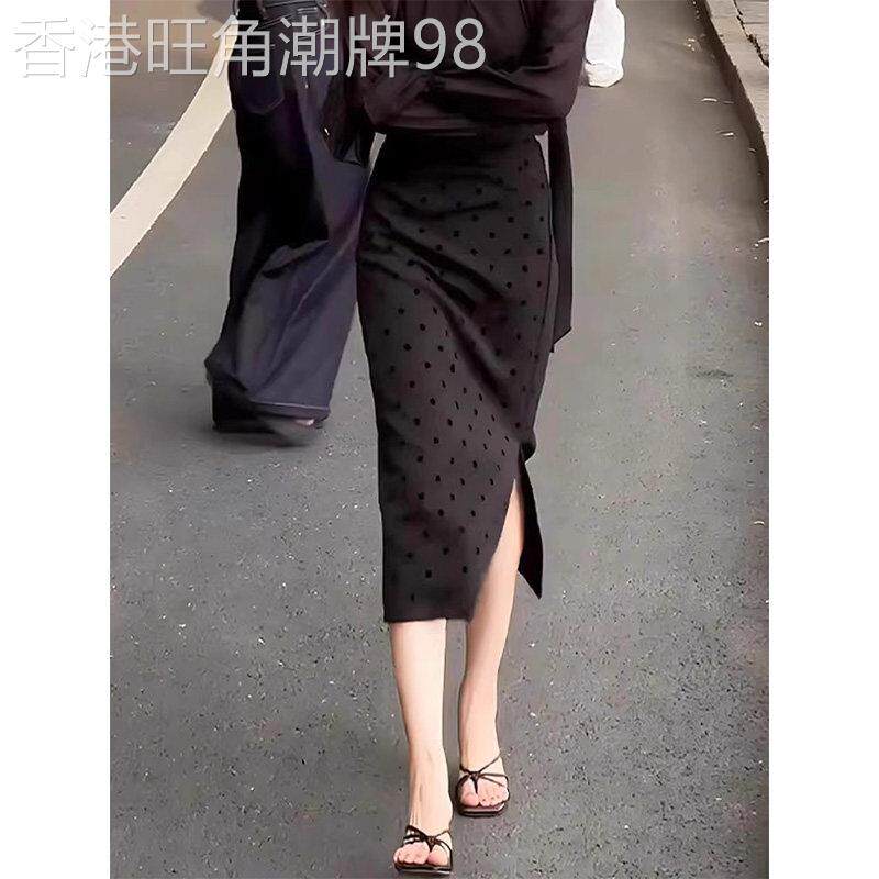 黑色波点半身裙女夏季欧货气质高级简约休闲显瘦开叉包臀一步裙子