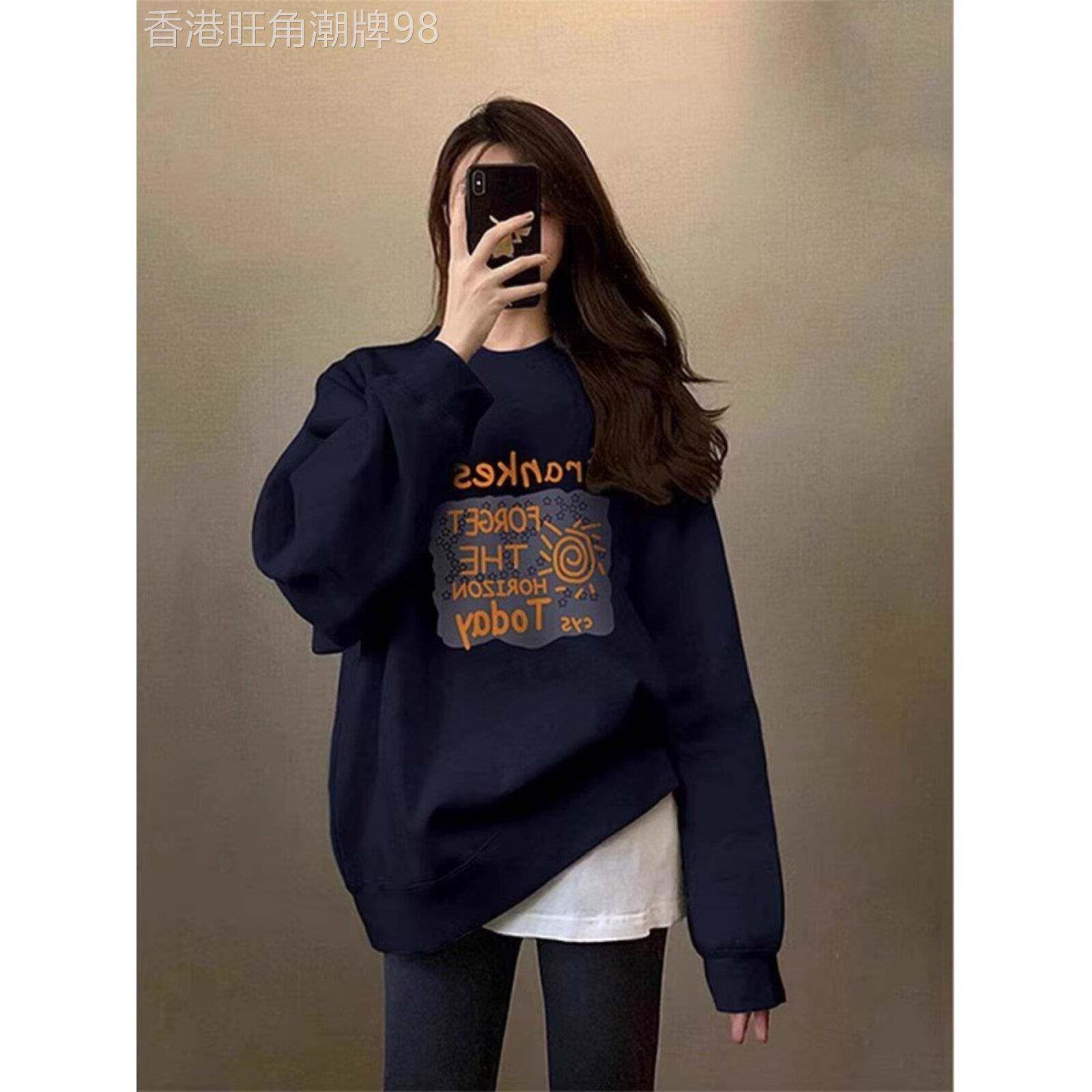 深蓝色圆领女式运动衫2025春秋季新宽松中长印花连帽衫与鲨鱼裤上