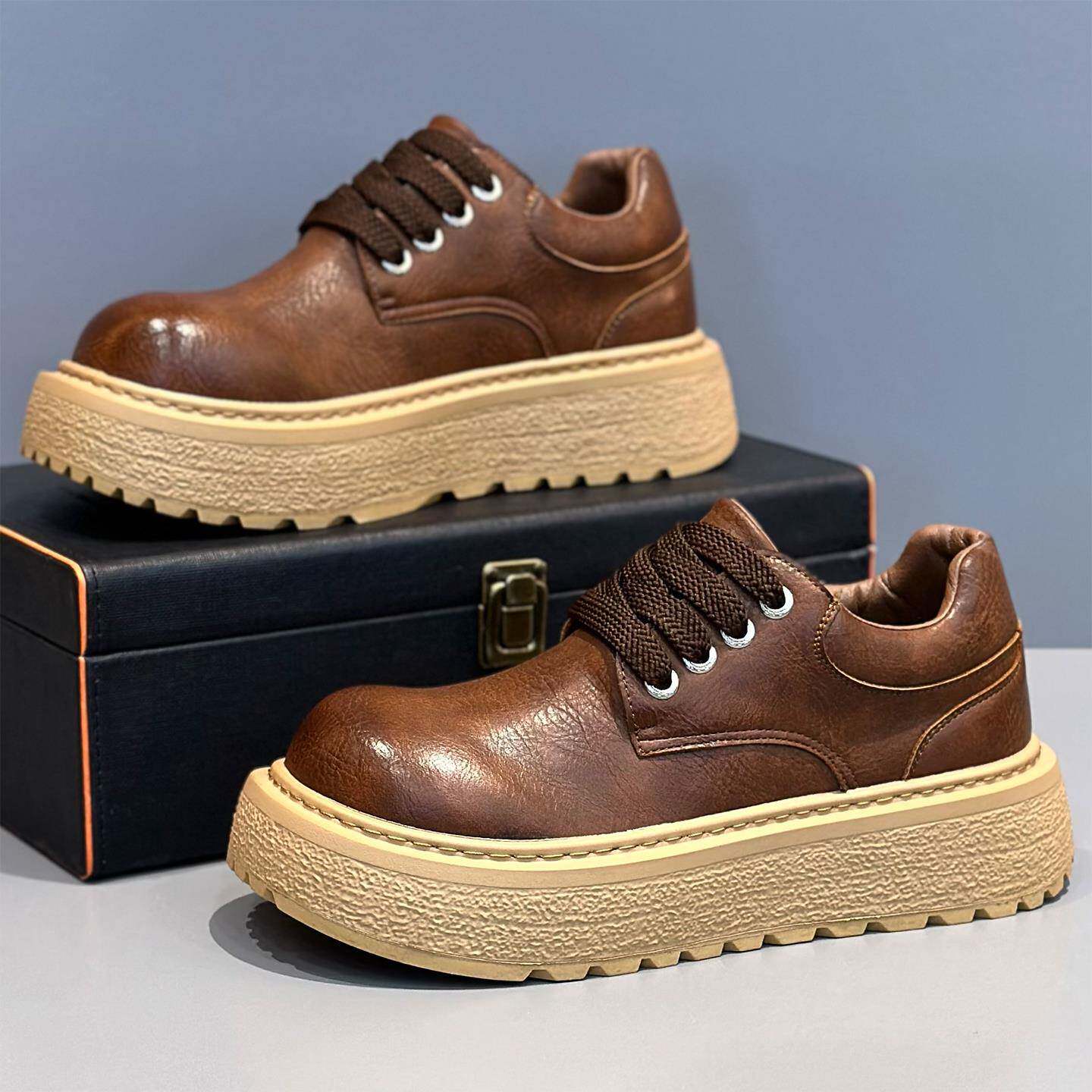 潮牌棕色德比鞋男款新款低帮短靴厚底大头工装皮鞋冬季加绒鞋
