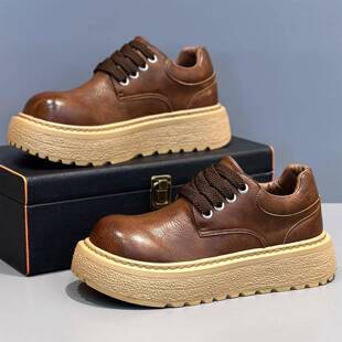 潮牌棕色德比鞋男款新款低帮短靴厚底大头工装皮鞋冬季加绒鞋