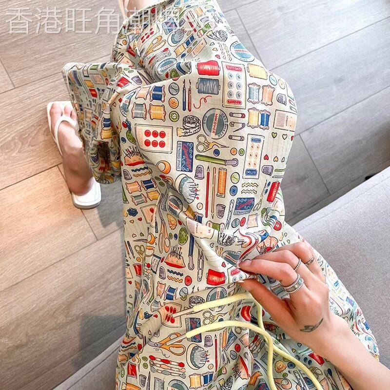SPYB休闲印花阔腿裤女夏季薄款小个子宽松高腰显瘦直筒九分沙滩裤