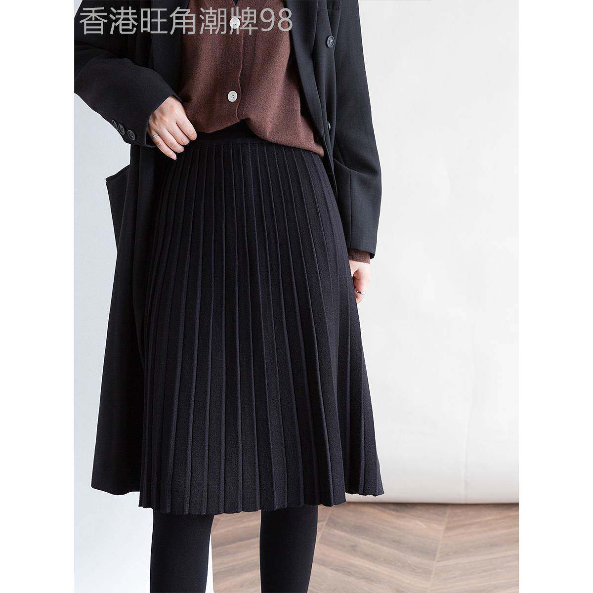 秋冬女士高腰纤细经典手风琴针织中长a字百褶裙