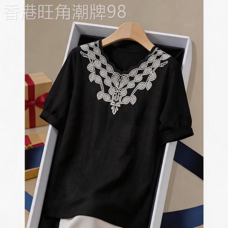 中长薄款宽松T恤女夏季设计感刺绣套头中袖复古气质休闲短袖上衣