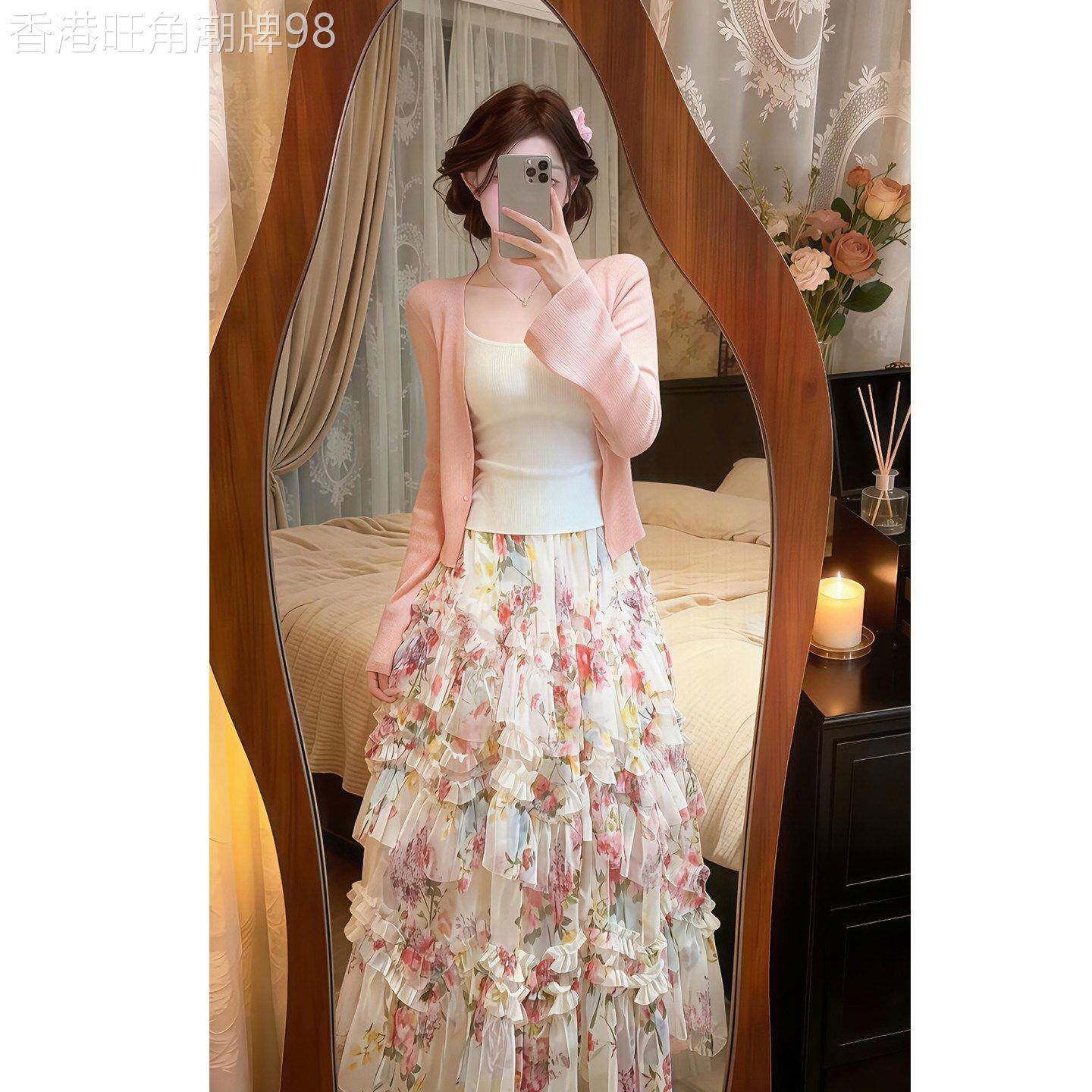 多巴胺温柔风穿搭一整套连衣裙女春夏粉开衫吊带网纱半身裙三件套