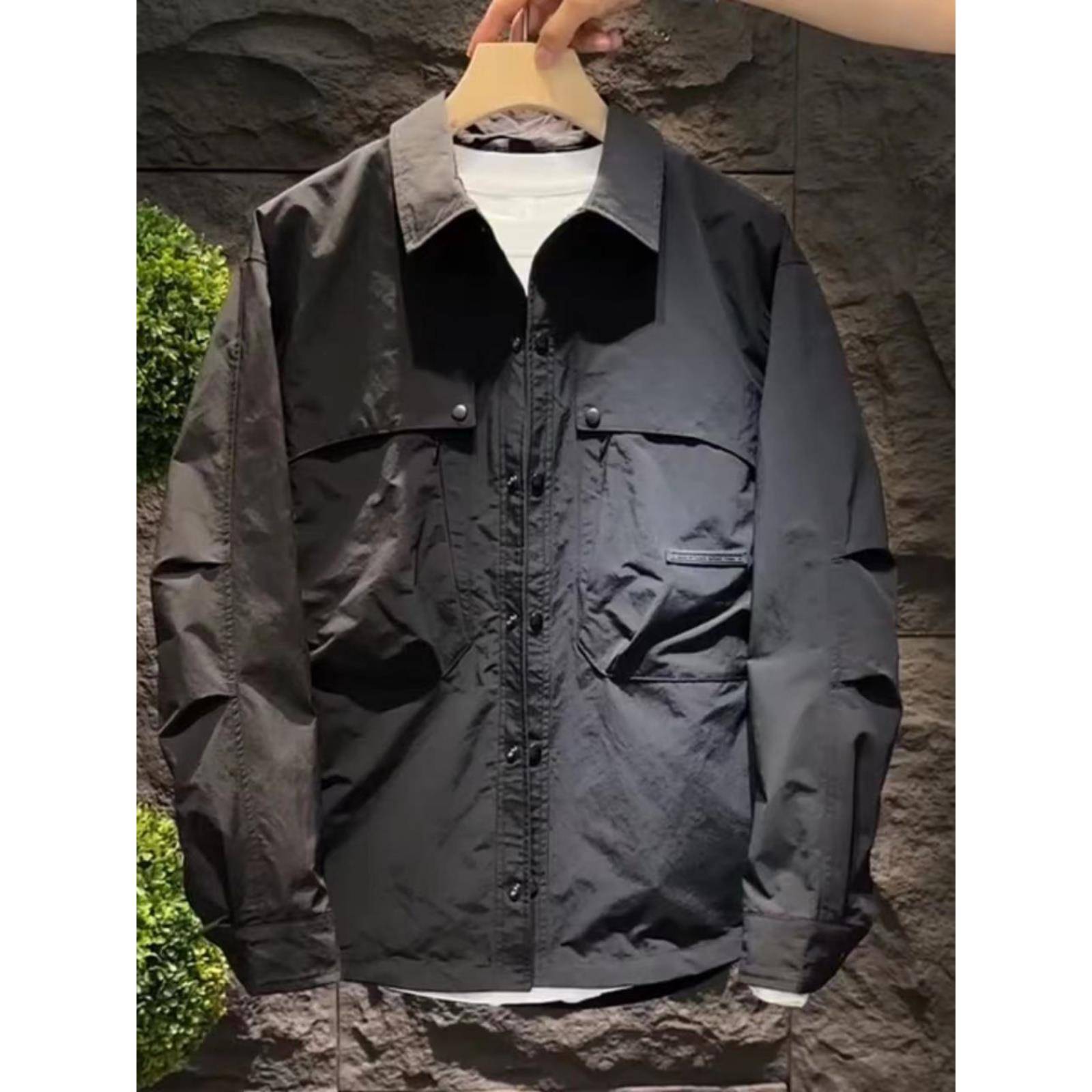 代购秋季工装翻领衬衫夹克男美式多口袋上衣青年纯色休闲外套