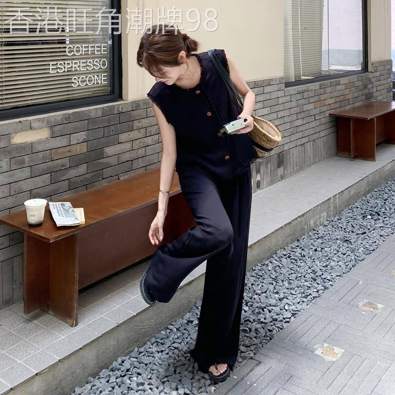 黑色高级感老钱风穿搭套装女夏2026新款气质流苏马甲阔腿裤两件套