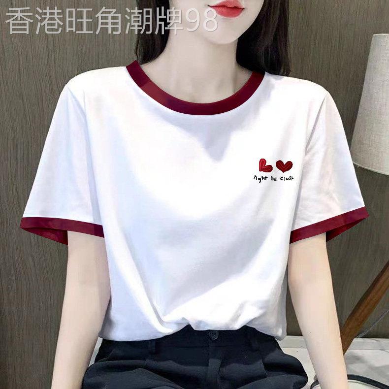 高端撞色短袖t恤女2026新款夏季宽松印花纯棉拼色圆领T恤上衣薄