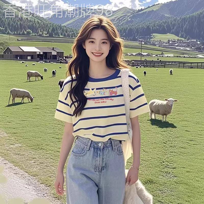 撞色条纹短袖T恤女2026夏季美式复古宽松洋派减龄胖MM学院风上衣