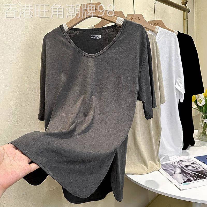 灰色短袖v领t恤女夏薄款宽松显瘦大码纯色体恤百搭中长款开叉上衣