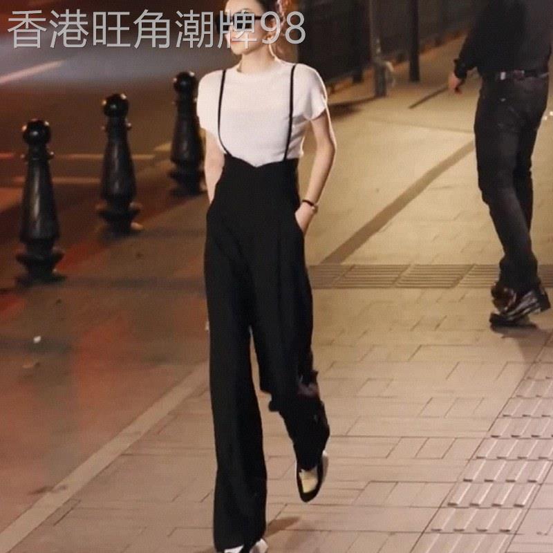 高腰抱婴袋裤女夏欧货黑色直筒拖地吊带裤阔腿长裤小个子薄款西装