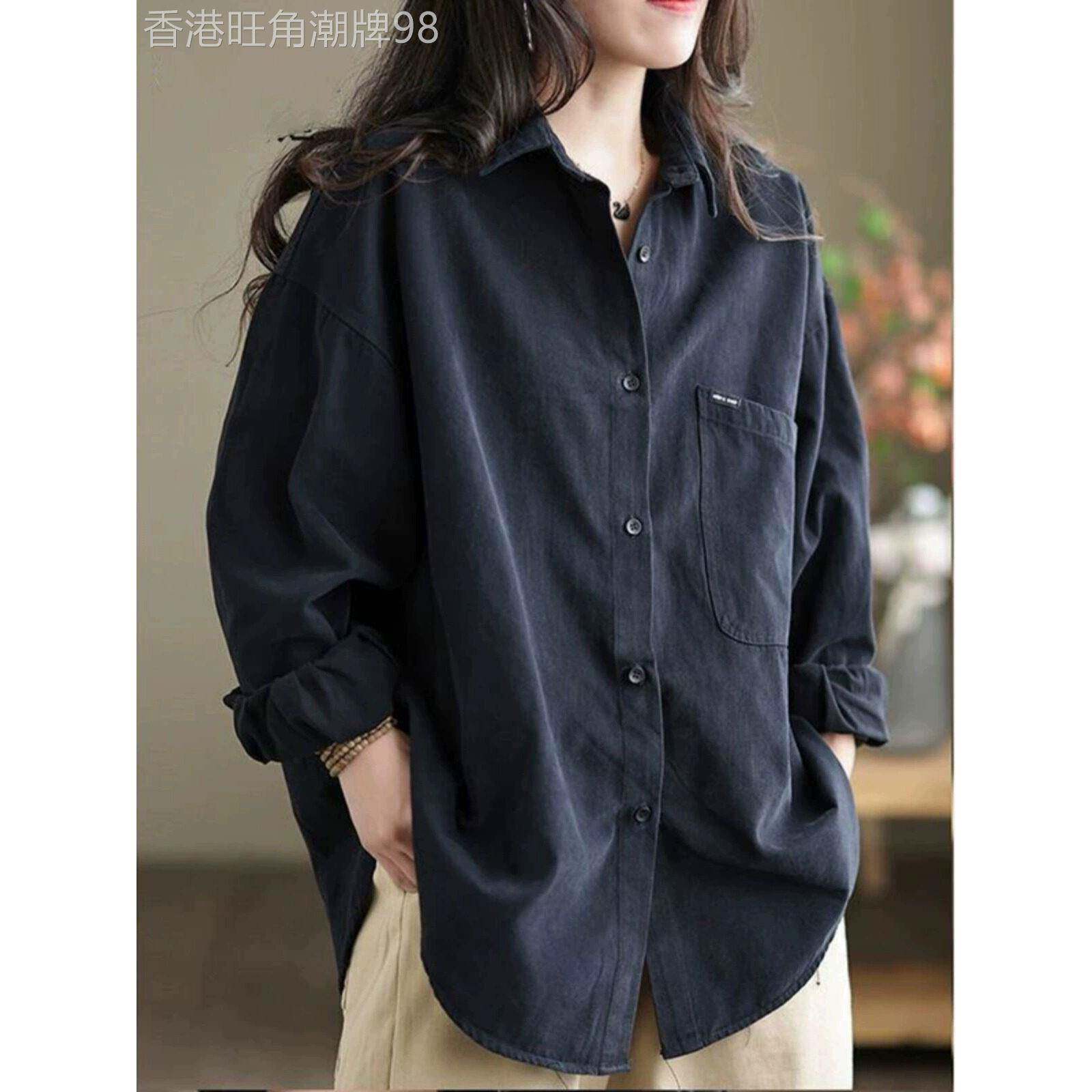 休闲衬衫外套女2025春秋装新款港味覆古女士长袖翻领开衫衬衣上衣