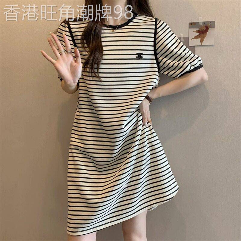 潮牌大码女装夏季新款宽松显瘦t恤裙子胖mm休闲中长款条纹连衣裙