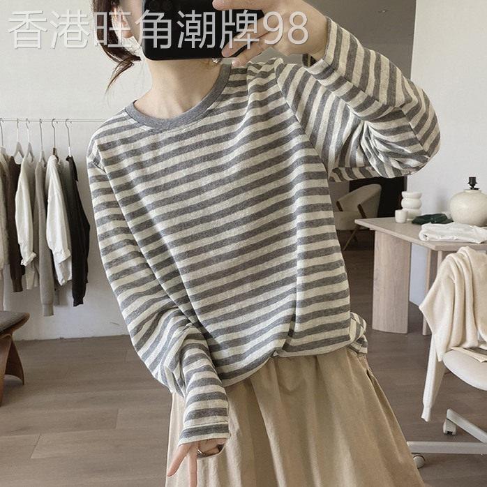 潮牌休闲百搭条纹长袖T恤女春秋季2025年新款韩版宽松打底衫上衣