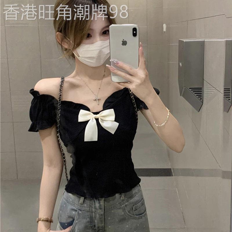 蝴蝶结一字肩短袖t恤女夏季甜辣大尺码微胖修身显瘦绝美小衫短上