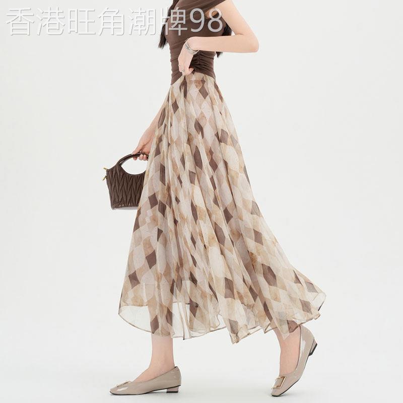 复古格子不规则半身裙女2026年夏季新款高腰垂感显瘦中长雪纺裙子