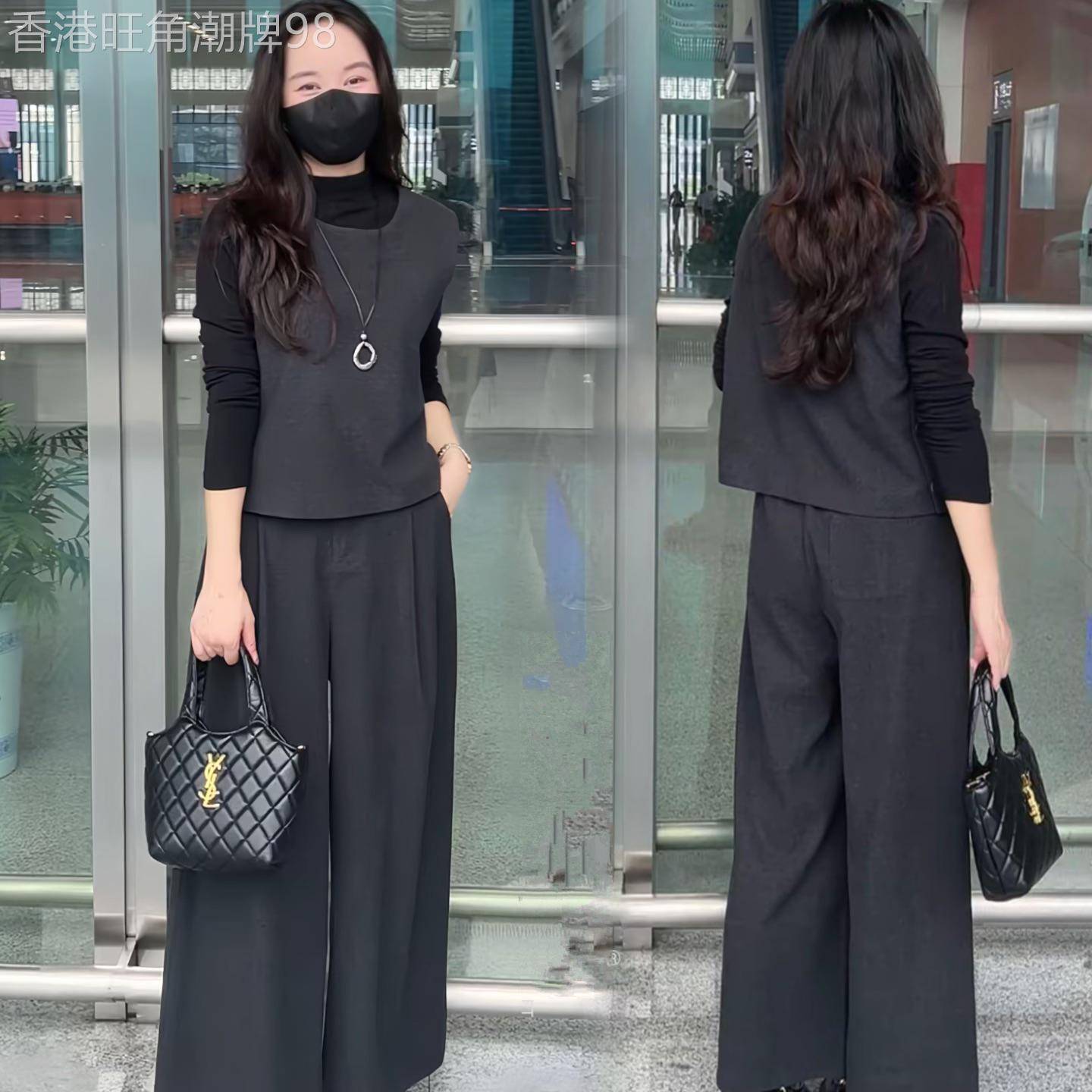 香港代购时尚套装女秋季新款圆领马甲背心长袖打底衫阔腿裤三件套