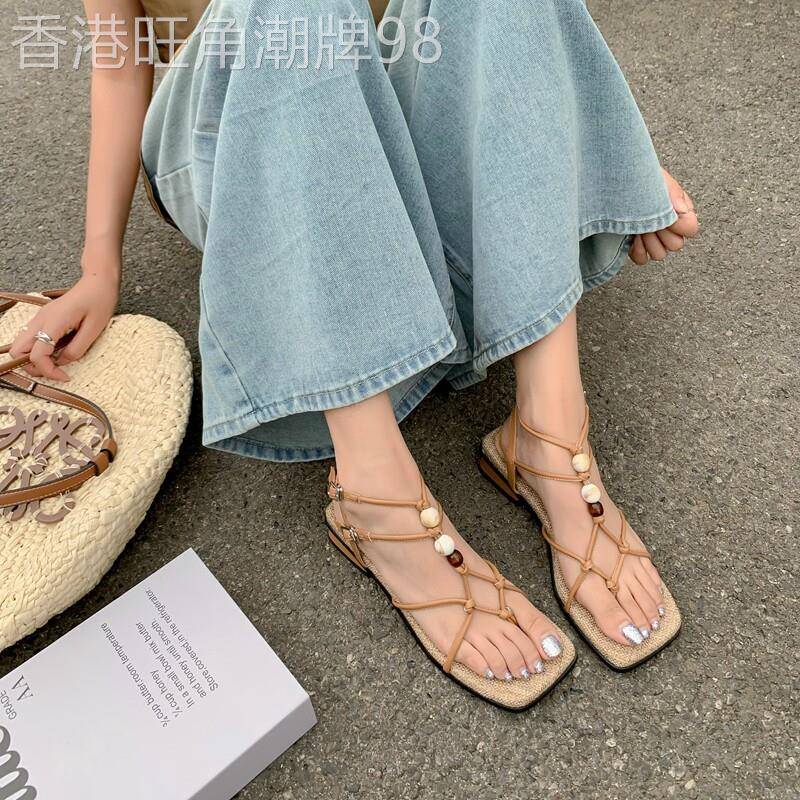 夏令营!海边度假风手工串珠绑带罗马鞋女夏新款编织夹趾沙滩凉鞋
