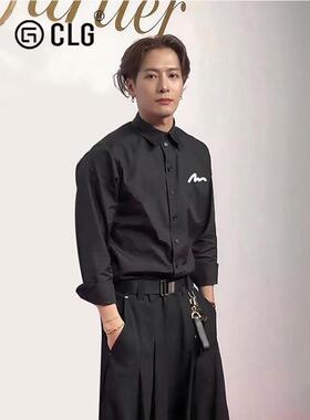 香港CLG潮牌王嘉尔同款黑色长袖衬衫高级感西装内搭打底衬衣外套