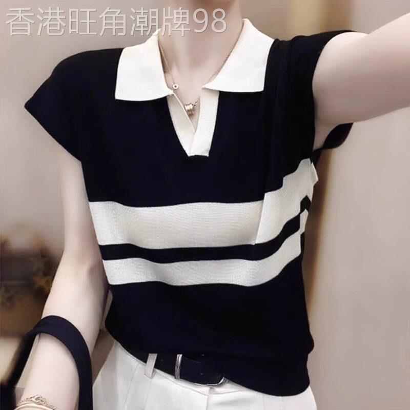 黑白条纹polo领短袖T恤女士夏季薄款宽松大尺码短款减龄V领针织T