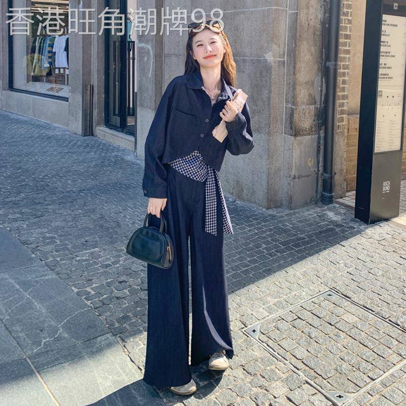 韩系chic别致套装女2026春季新款设计感吊带牛仔衬衫阔腿裤三件套