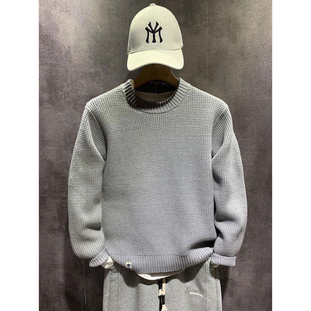 韩版新款圆领长袖毛衣休闲百搭针织衫2025秋冬季男士修身纯色上衣