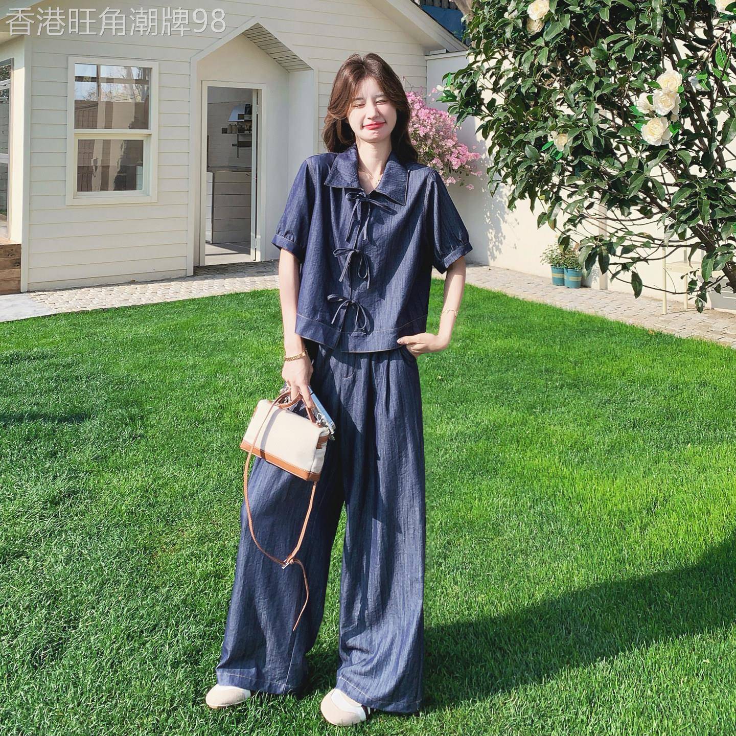 巨好看复古仿牛仔套装女2026夏季薄款蝴蝶结短袖衬衫阔腿裤两件套