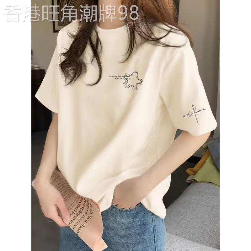 正肩短袖t恤女士夏季薄款2026新款时尚百搭宽松纯棉T恤洋派上衣图片