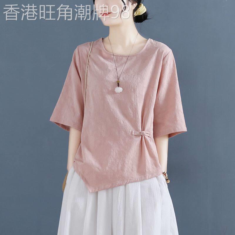 棉麻短袖T恤女夏季2025新款宽松显瘦圆领中国风中式盘扣文艺上衣