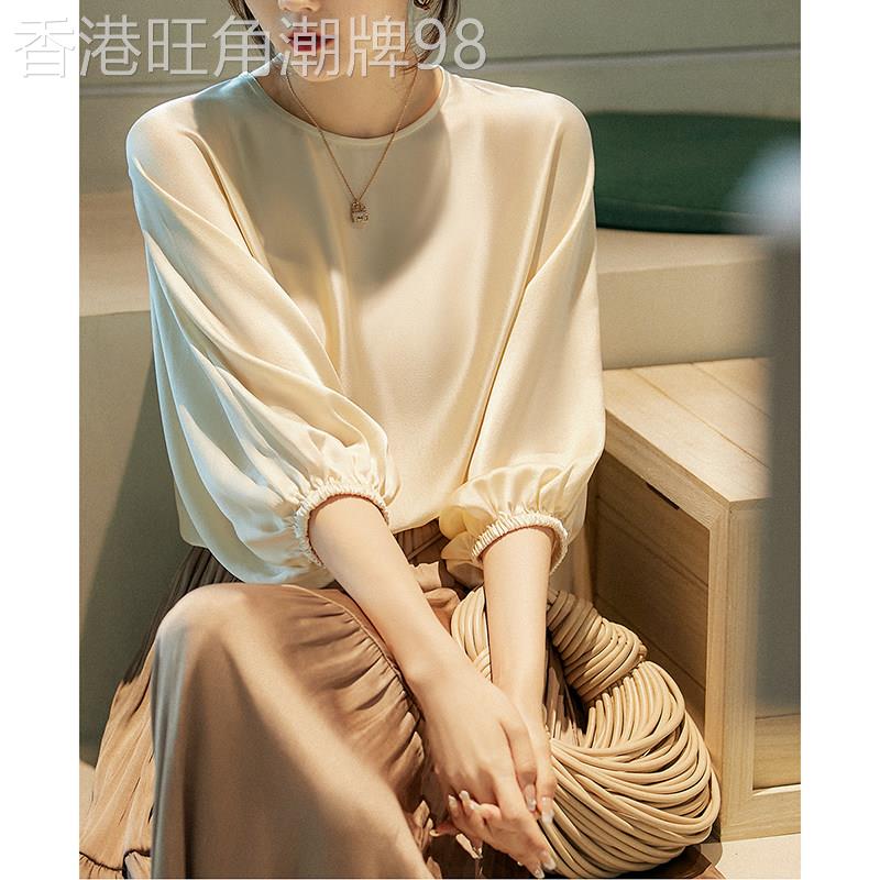 高端时尚纯色真丝缎面衬衫女高品质设计感宽松显瘦灯笼袖上衣潮