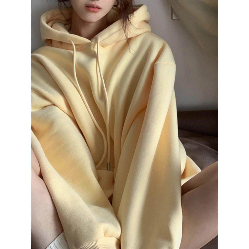 潮牌奶黄色连帽卫衣女2025秋冬季加绒加厚慵懒风宽松显瘦外套上衣