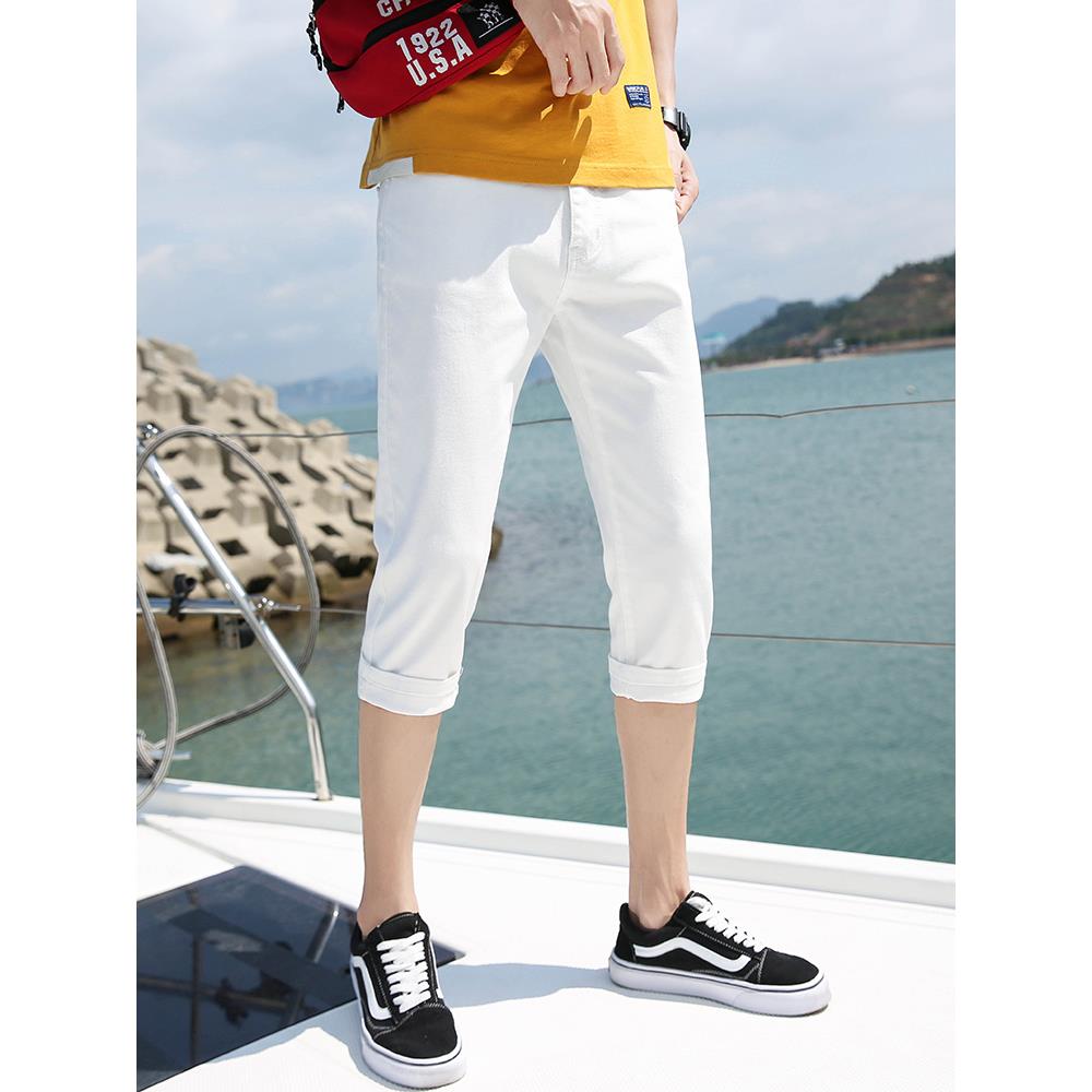 牛仔短裤男士夏季新款白色弹力七分裤韩版潮牌休闲小脚破洞中裤子