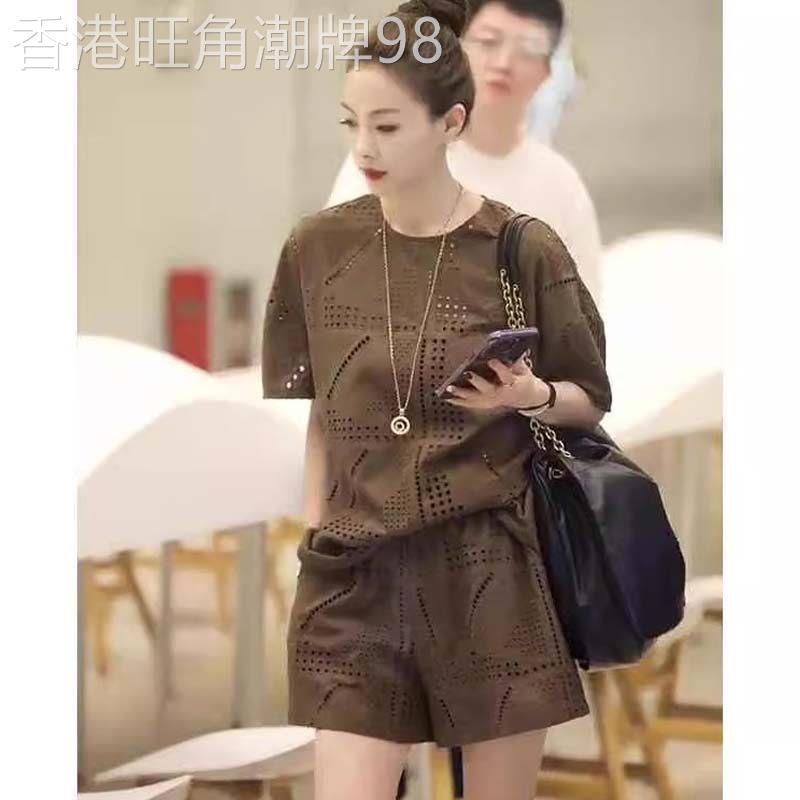 咖色套装女士夏季欧货圆领镂空短袖T恤薄款五分短裤小个子两件套