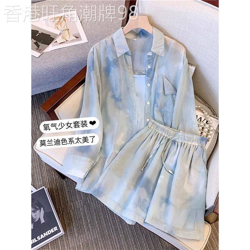 扎染防晒衬衫女夏季薄款时尚套装2026新款大码宽松背心短裤三件套