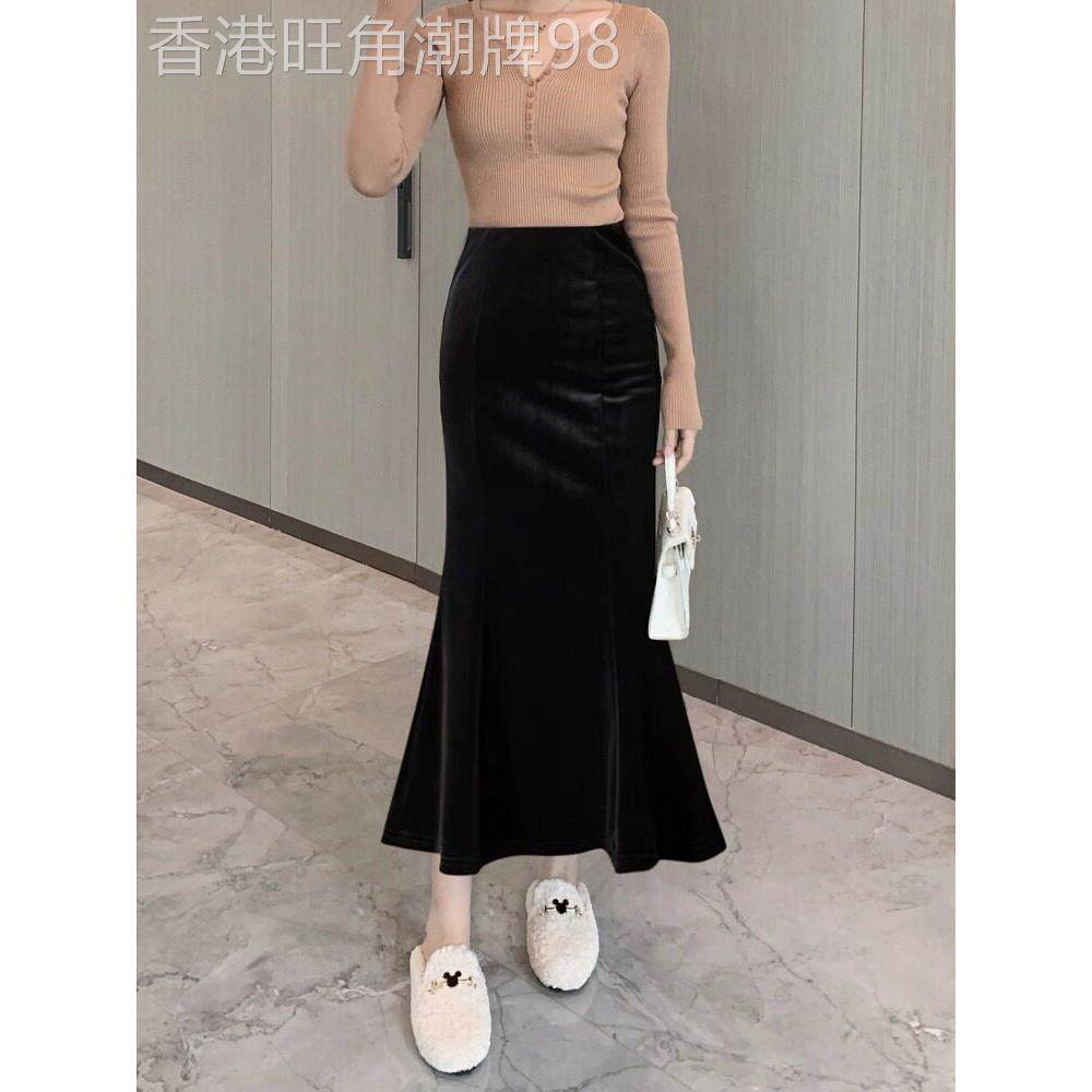 欧洲站2025年秋冬新款金丝绒鱼尾裙半身裙女黑色连衣裙高腰包臀裙