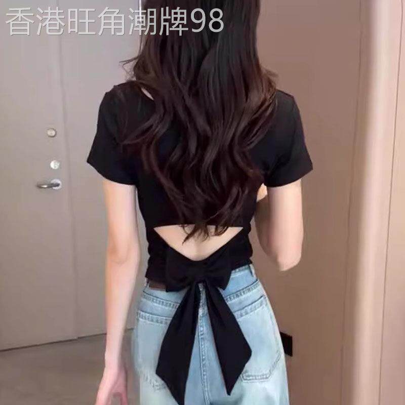 轻奢高级感露后背绑带蝴蝶结短袖t恤女夏季欧货圆领黑色显瘦上衣