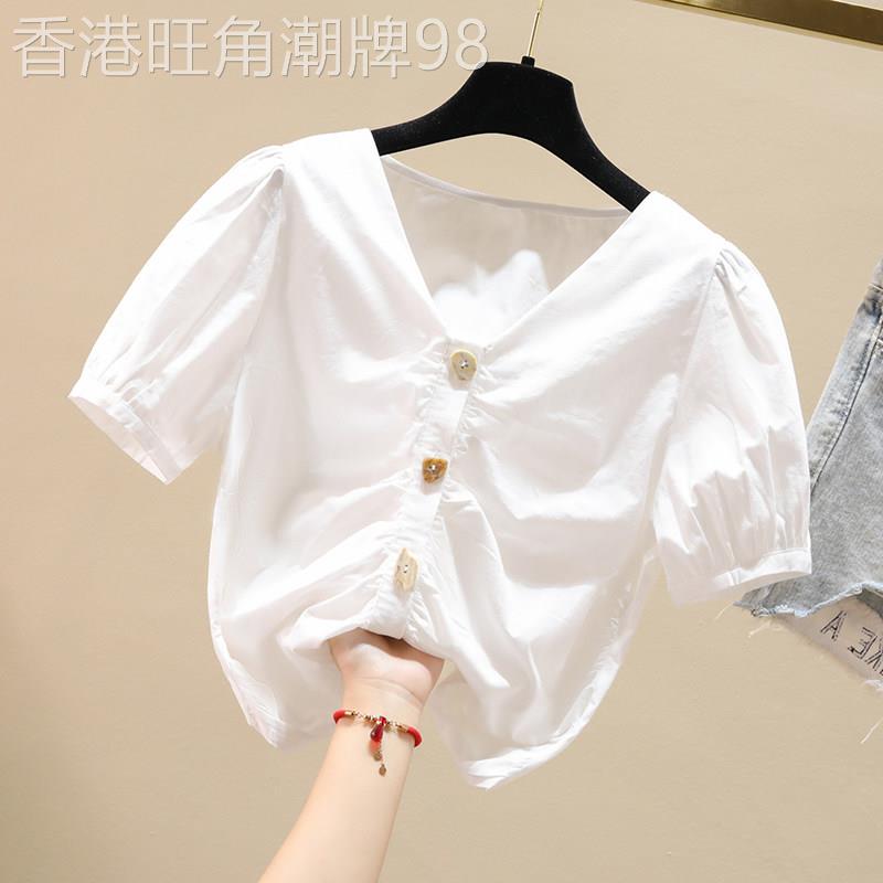 棉麻短袖衬衫女夏2026新款V领设计感小众百搭雪纺泡泡袖短款上衣
