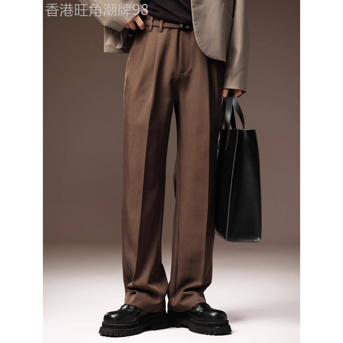 意大利垂坠感老钱风直筒西裤男士春秋季斜纹褶皱宽松阔腿休闲裤子
