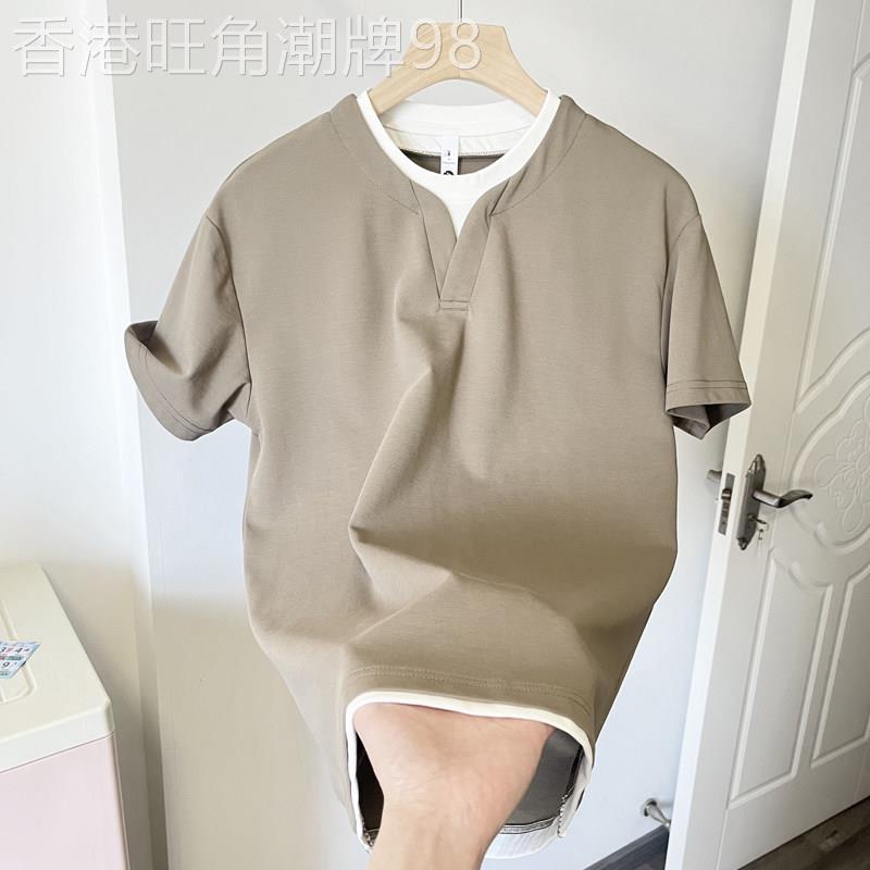 夏季男士修身短袖T恤2025新款韩版圆领假两件双层领薄款休闲T恤