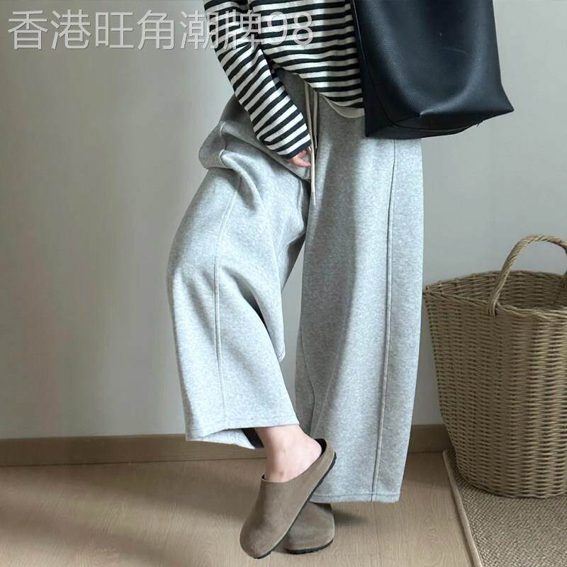 韩国灰色阔腿弯刀运动卫裤子女秋冬大码休闲裤今年流行九分梧桐裤