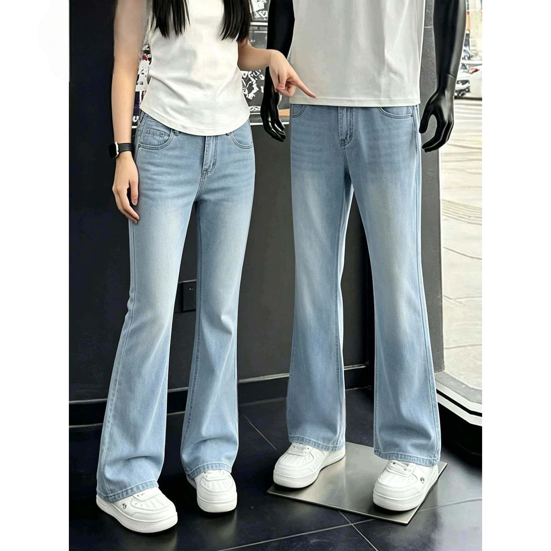 潮牌高品质cleanfit浅蓝色冰丝牛仔裤男女夏莱赛尔薄款微喇直筒裤