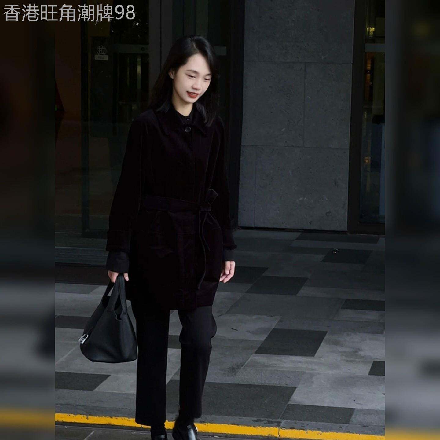 黑色收腰中长款外套女2025秋冬季新款显瘦百搭高级感时尚气质上衣