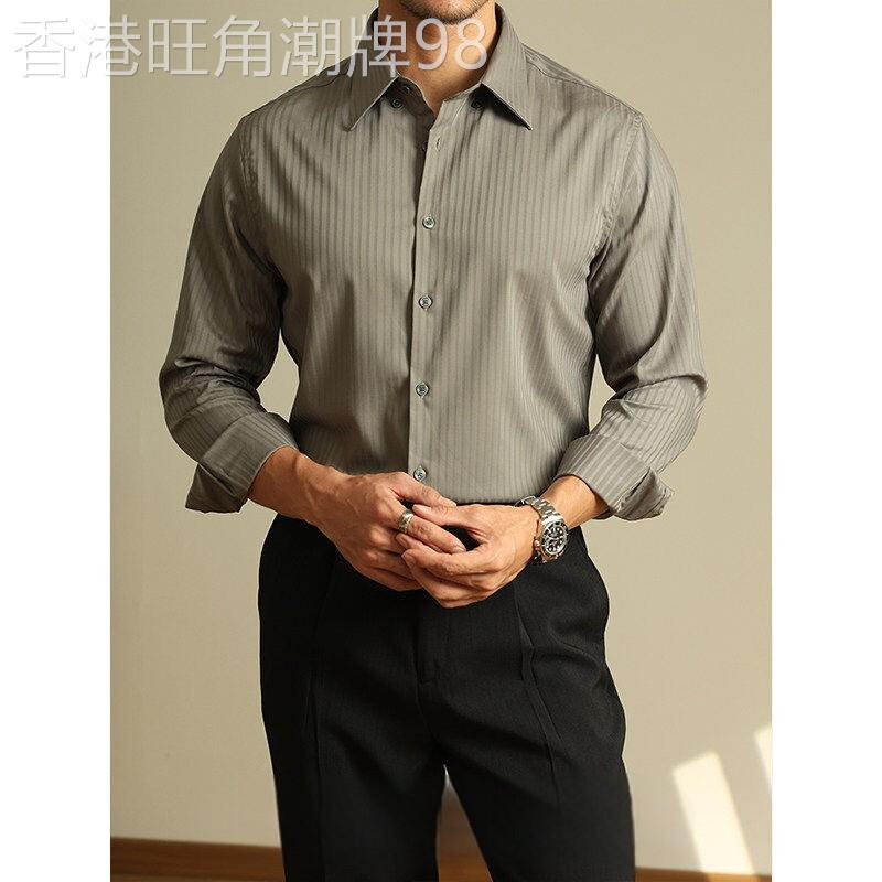 男士莫代尔条纹衬衫商务高级感抗皱顺滑亲肤灰色长袖衬衫通勤免熨
