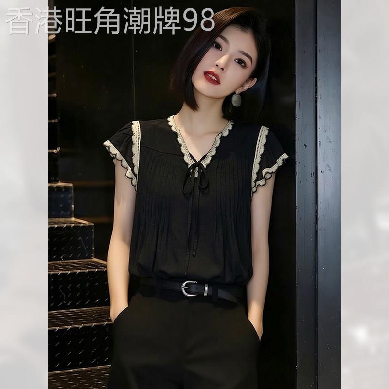 V领蕾丝1/4吋套筒扳手袖衬衫女夏季2026年新款高级感复古黑色上衣