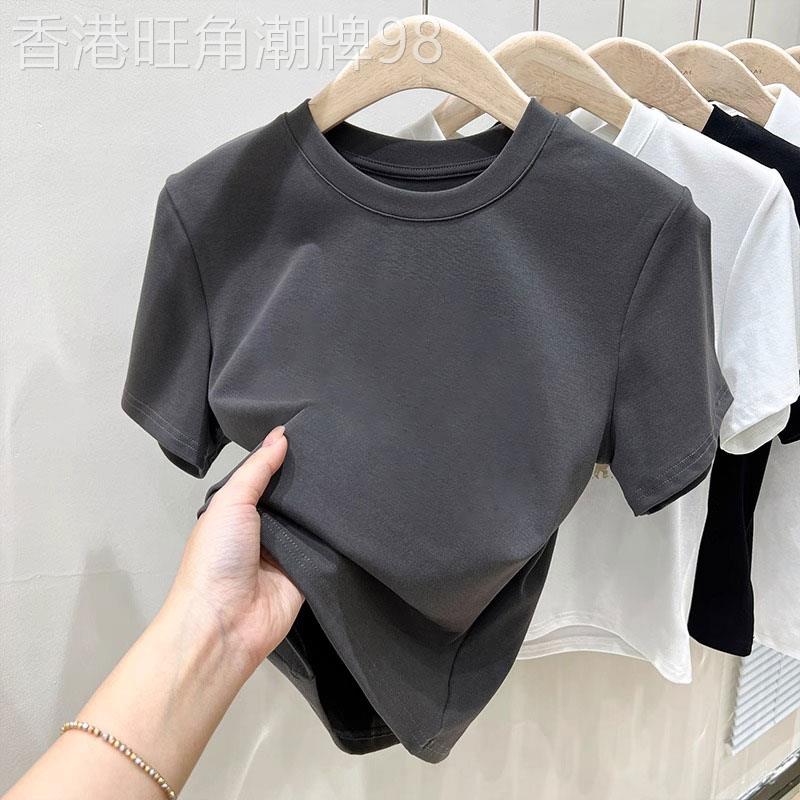 美式灰色短袖t恤女夏季2025新款韩版洋气修身显瘦短款正肩上衣