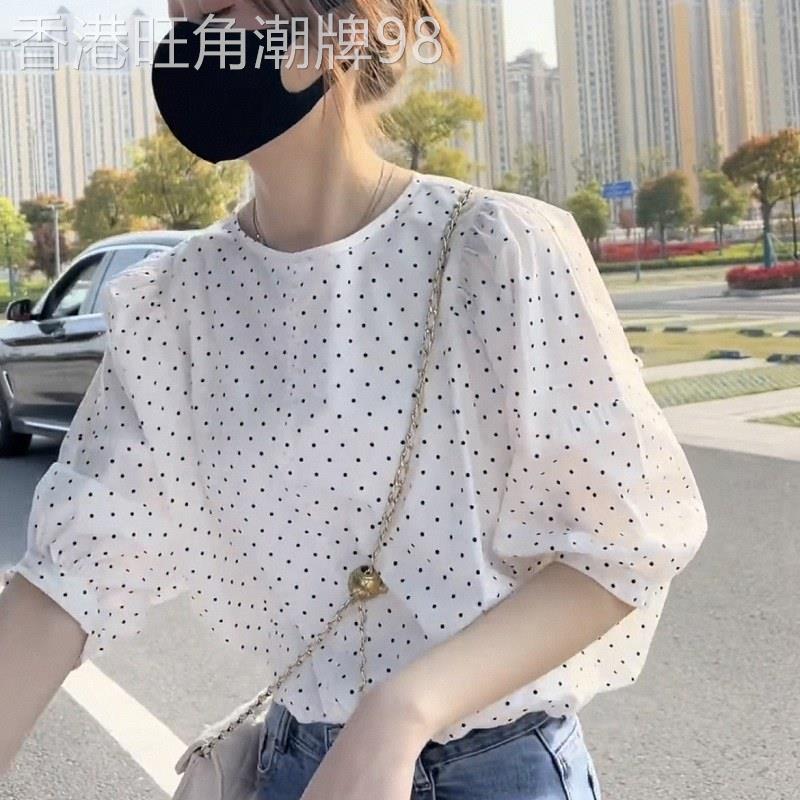 白色短袖衬衫女夏季欧货木耳边后背系带圆领泡泡五分中袖波点衬衫