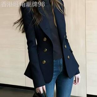 香港it代购韩国春季款英伦风收腰翻领小西服金扣藏青色西装外套女