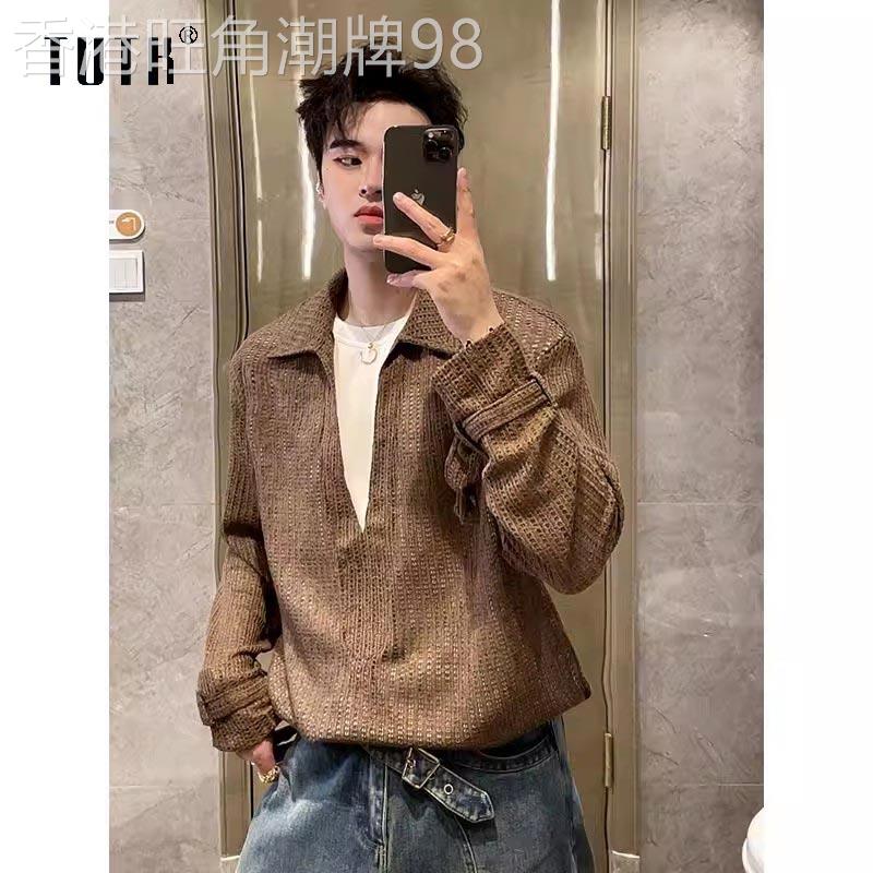 衬衫男士长袖春秋季美式假两件镂空翻领寸衫潮牌百搭复古休闲衬衣