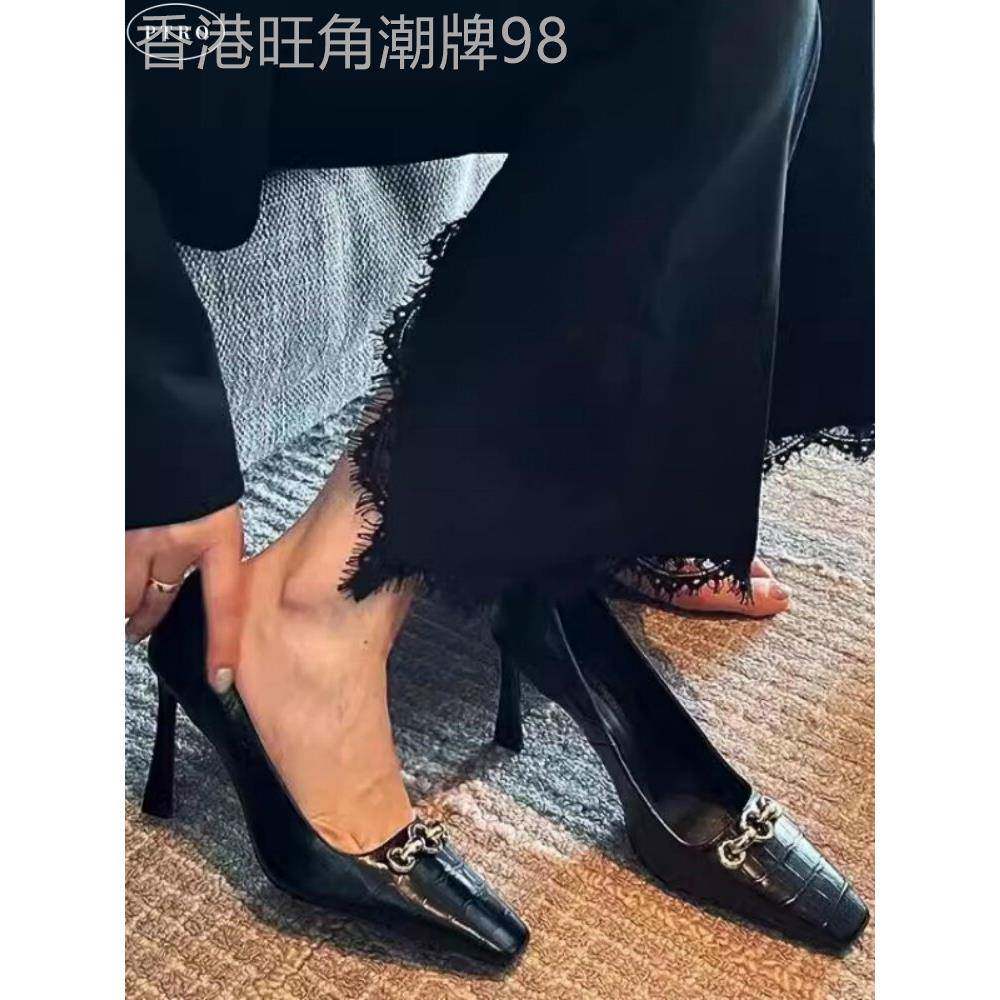 真皮黑色高跟鞋女2025春秋季新款方头漆皮鳄鱼纹职业通勤浅口单鞋