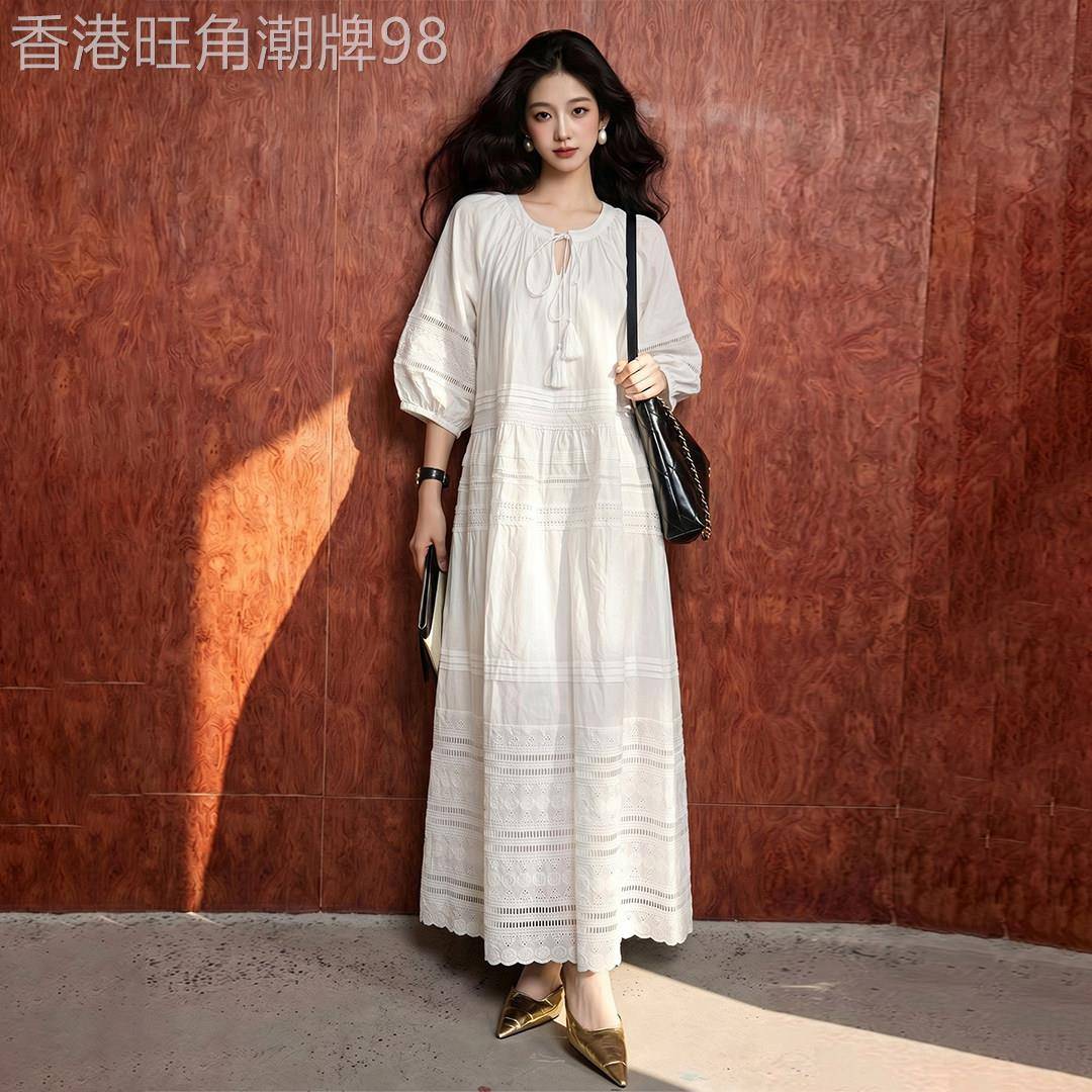法式白色长袖镂空洋装女2026夏季新款温柔风独特漂亮宽松长裙子