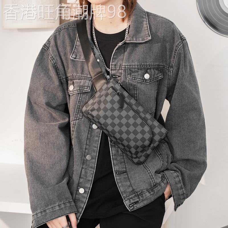 香港潮牌休闲真皮男包格子胸包街头韩版腰包单肩斜挎包时尚小包
